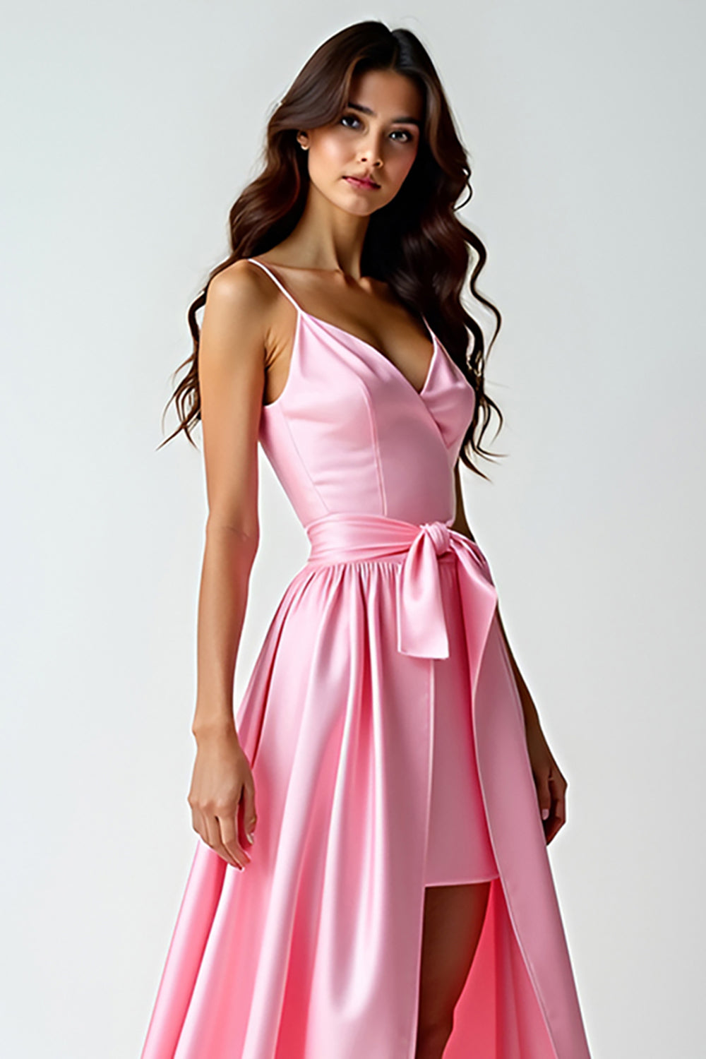 A Line Pink Spaghetti Straps Long Prom Dress With Train - Fashionpara