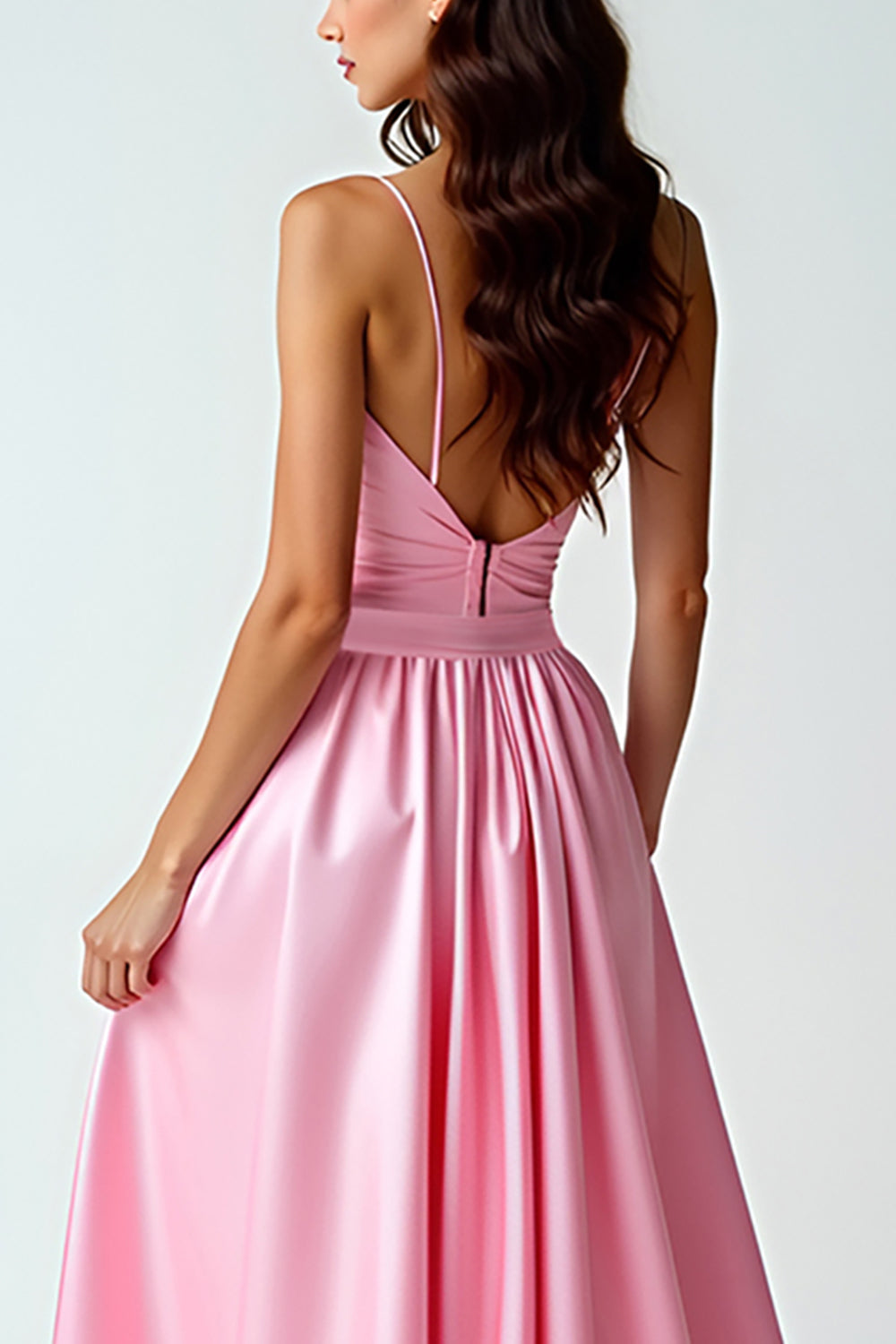 A Line Pink Spaghetti Straps Long Prom Dress With Train - Fashionpara