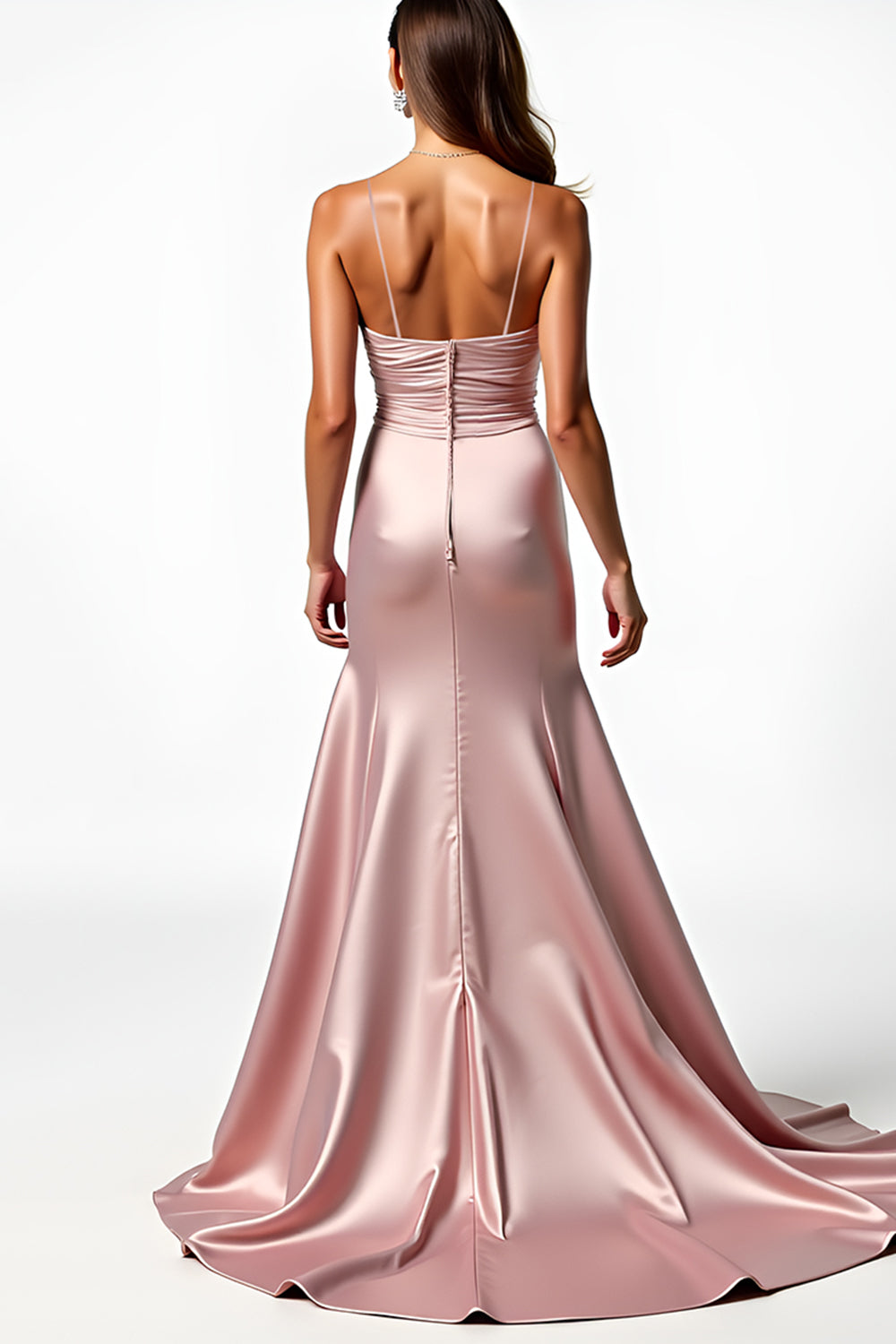Dusty Rose Spaghetti Straps Mermaid Pleated Prom Dress with Slit - Fashionpara