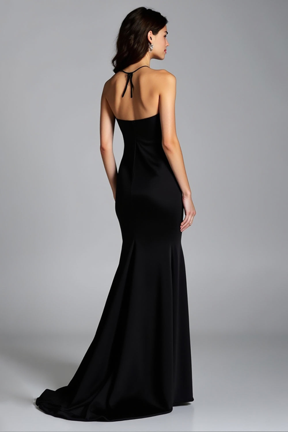 Halter Black Sheath Satin Long Prom Dress with Slit