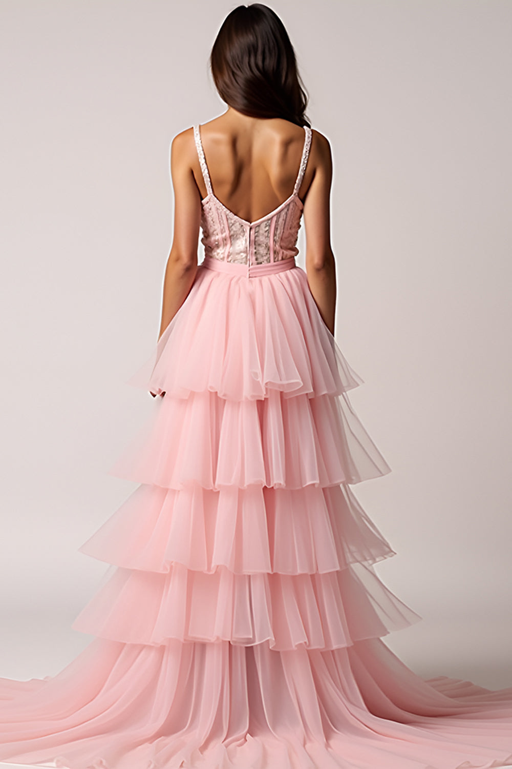 Blush Pink A-Line Spaghetti Straps Ruffles Pleated Tulle High-Low Prom Dress - Fashionpara
