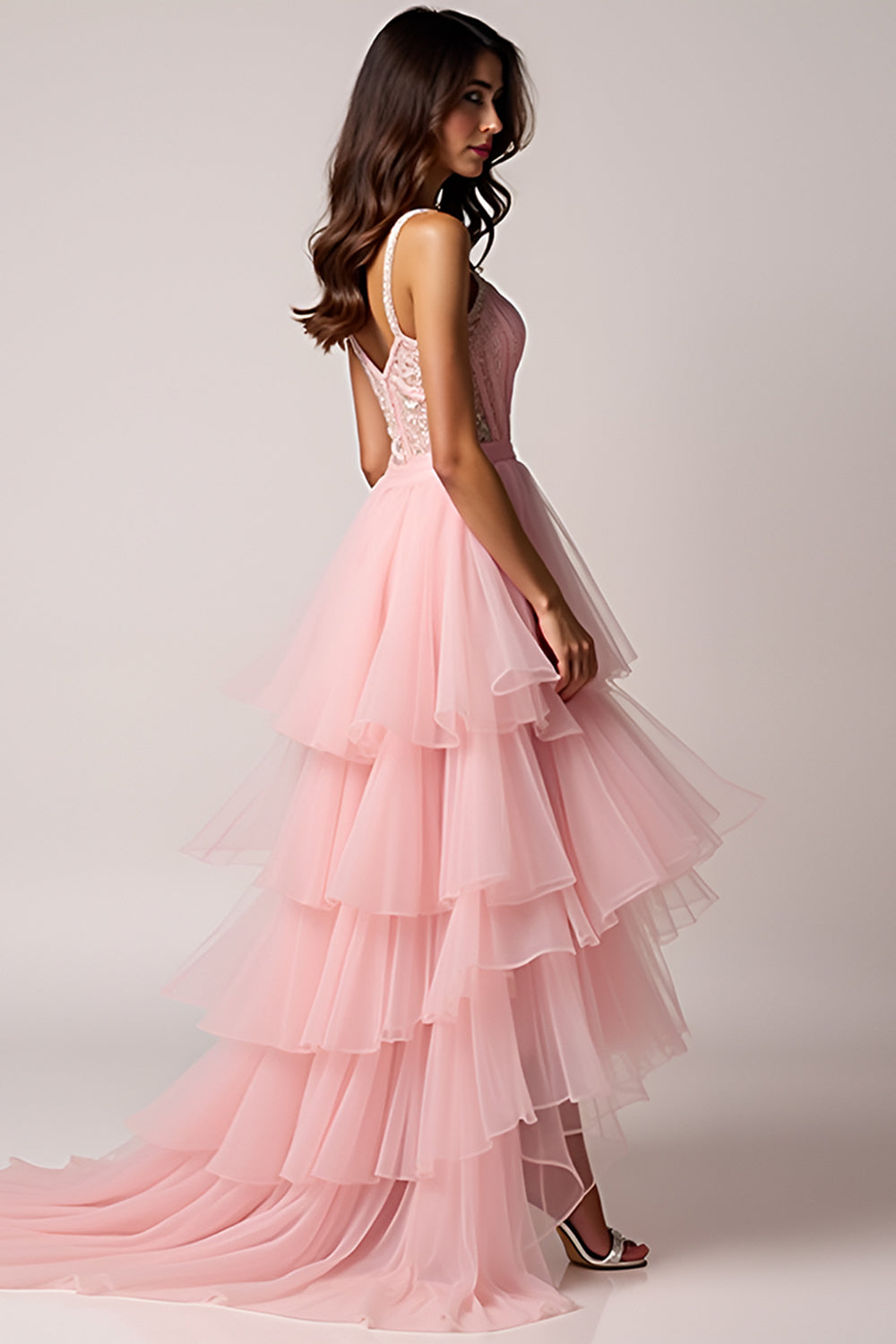 Blush Pink A-Line Spaghetti Straps Ruffles Pleated Tulle High-Low Prom Dress - Fashionpara