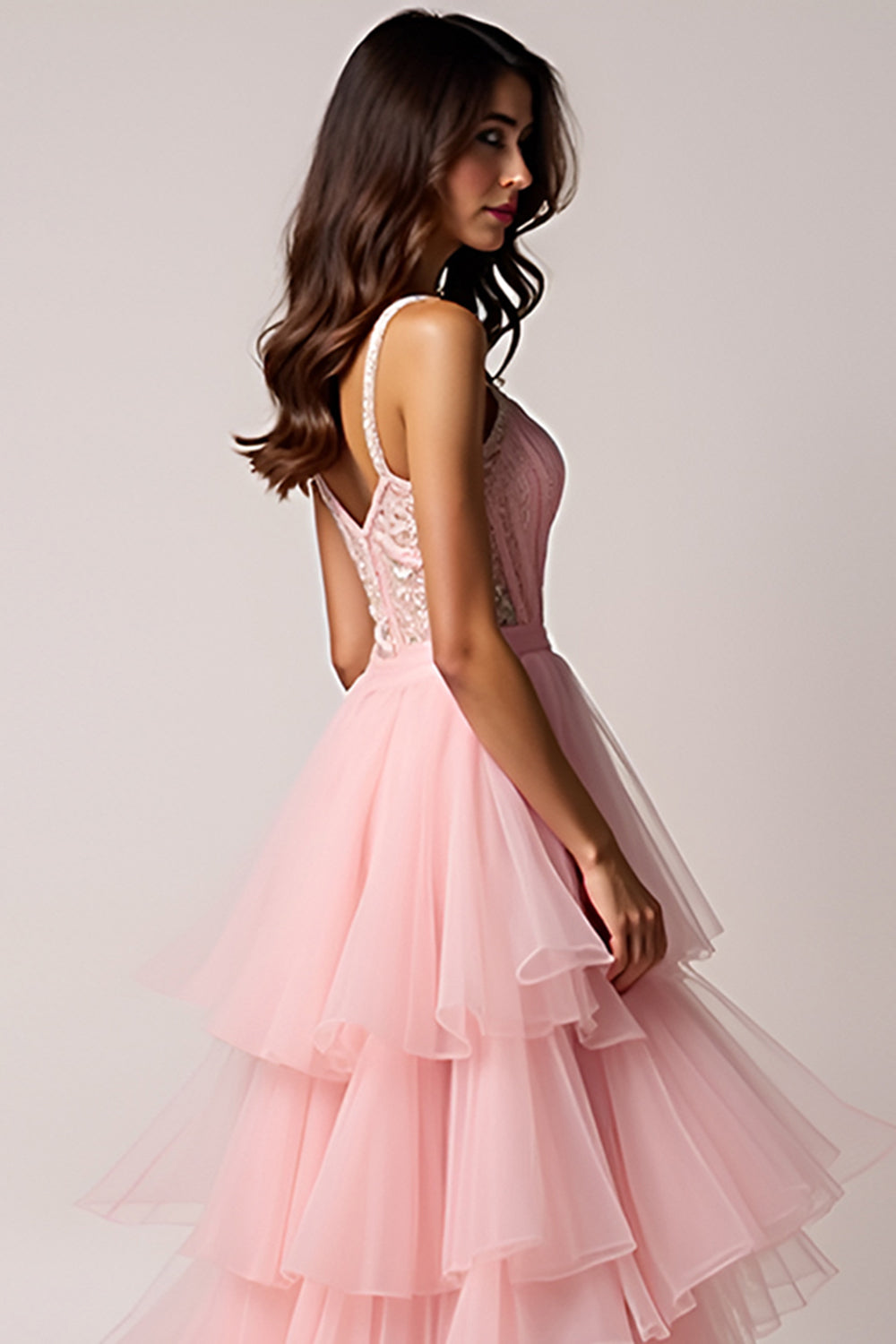 Blush Pink A-Line Spaghetti Straps Ruffles Pleated Tulle High-Low Prom Dress - Fashionpara