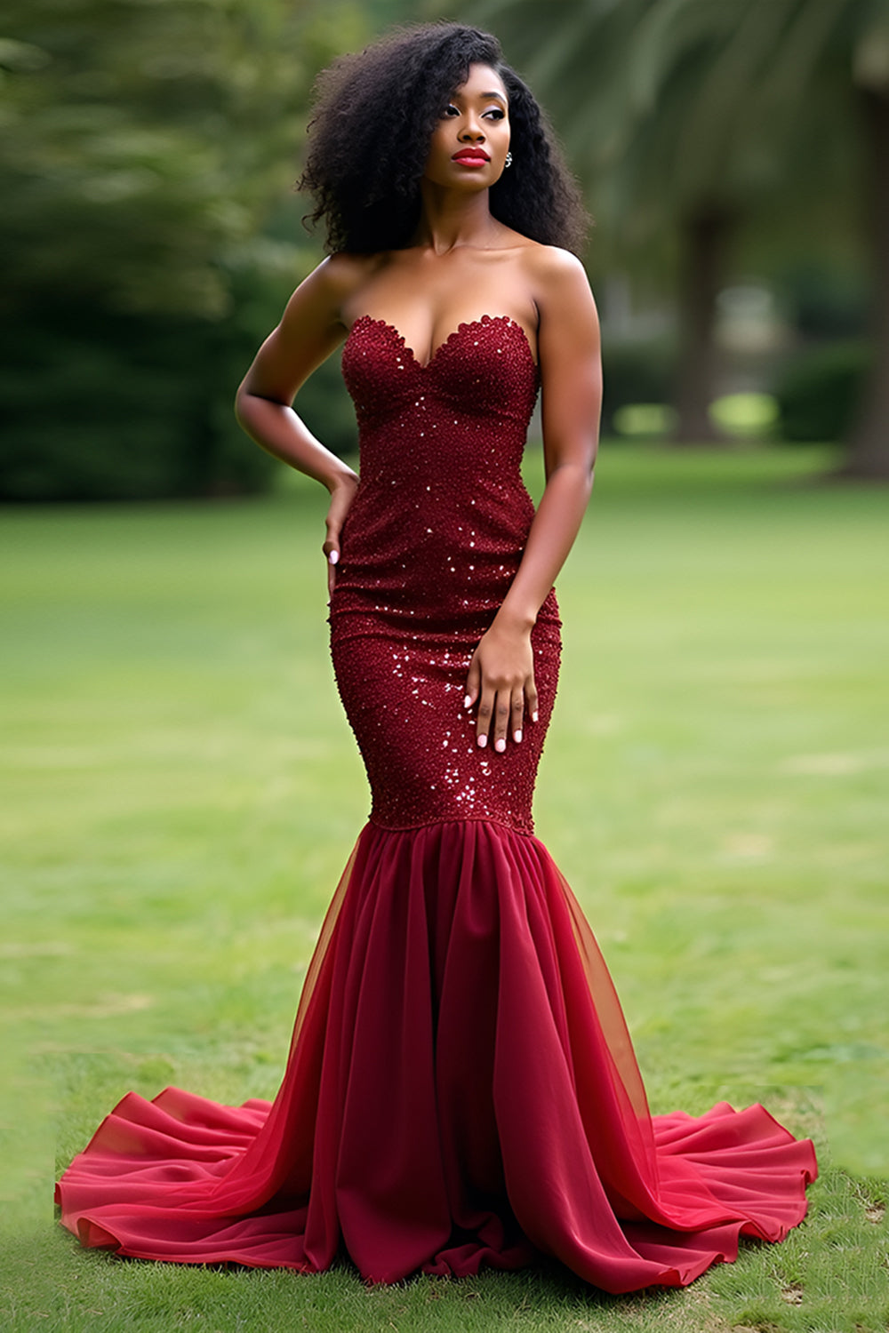 Sparkly Burgundy Mermaid Sweetheart Long Prom Dress with Sequins - Fashionpara