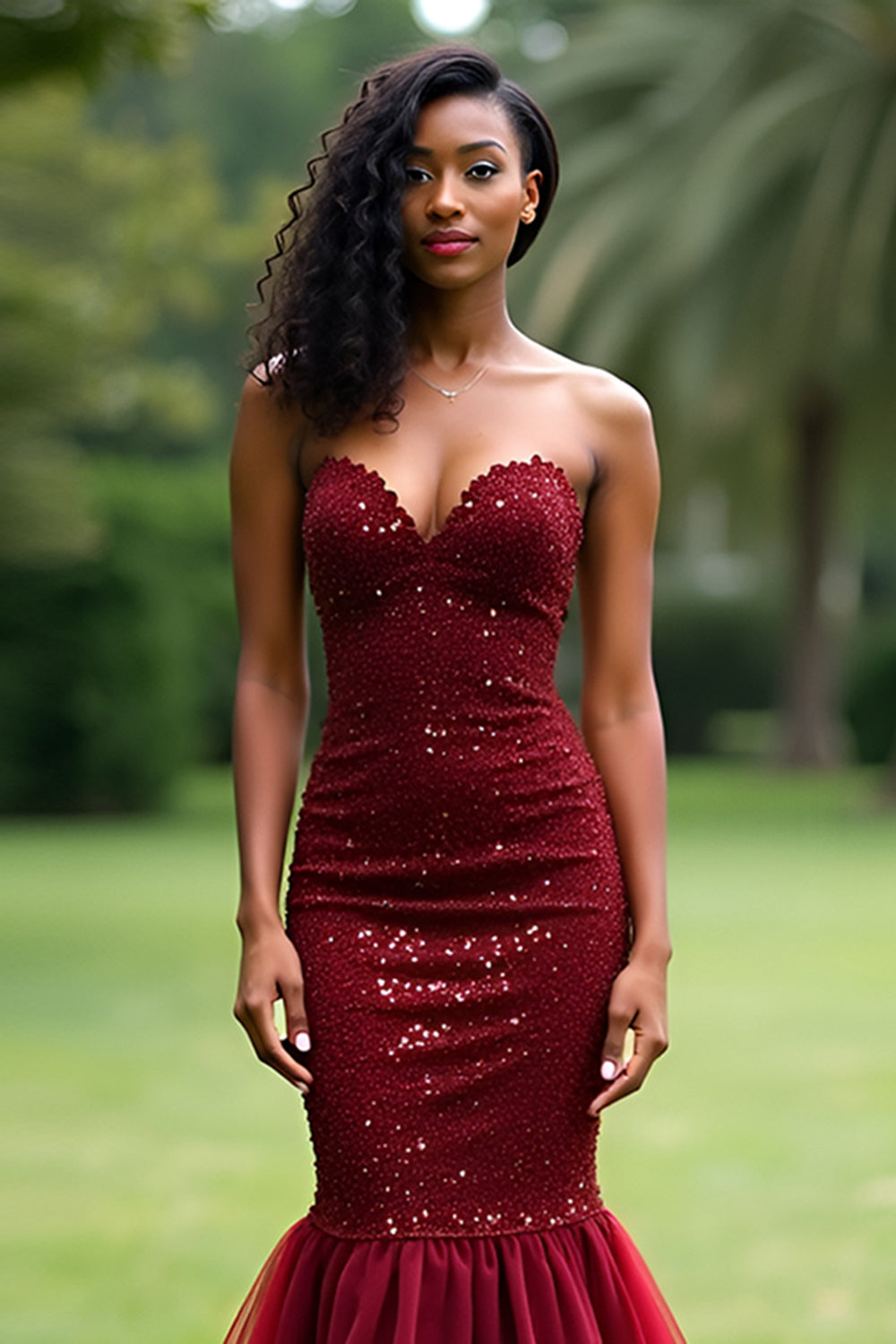 Sparkly Burgundy Mermaid Sweetheart Long Prom Dress with Sequins - Fashionpara