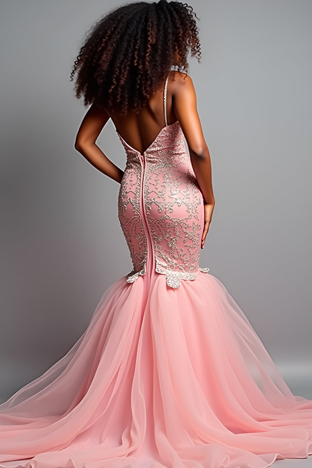 Blush Pink Mermaid Spaghetti Straps Tulle Long Prom Dress with Appliques - Fashionpara