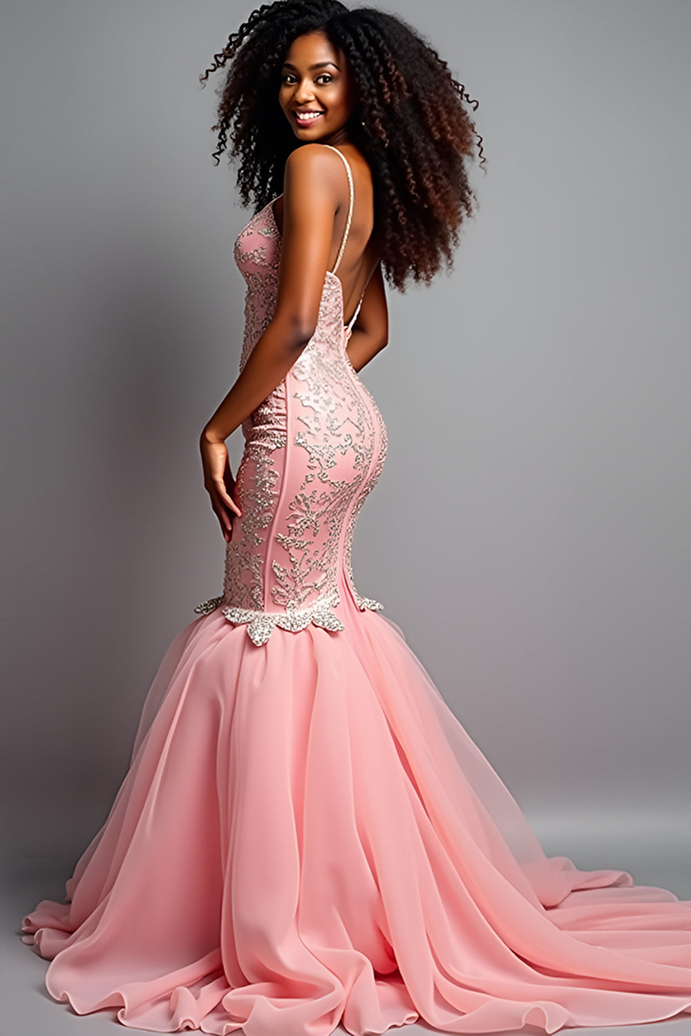 Blush Pink Mermaid Spaghetti Straps Tulle Long Prom Dress with Appliques - Fashionpara