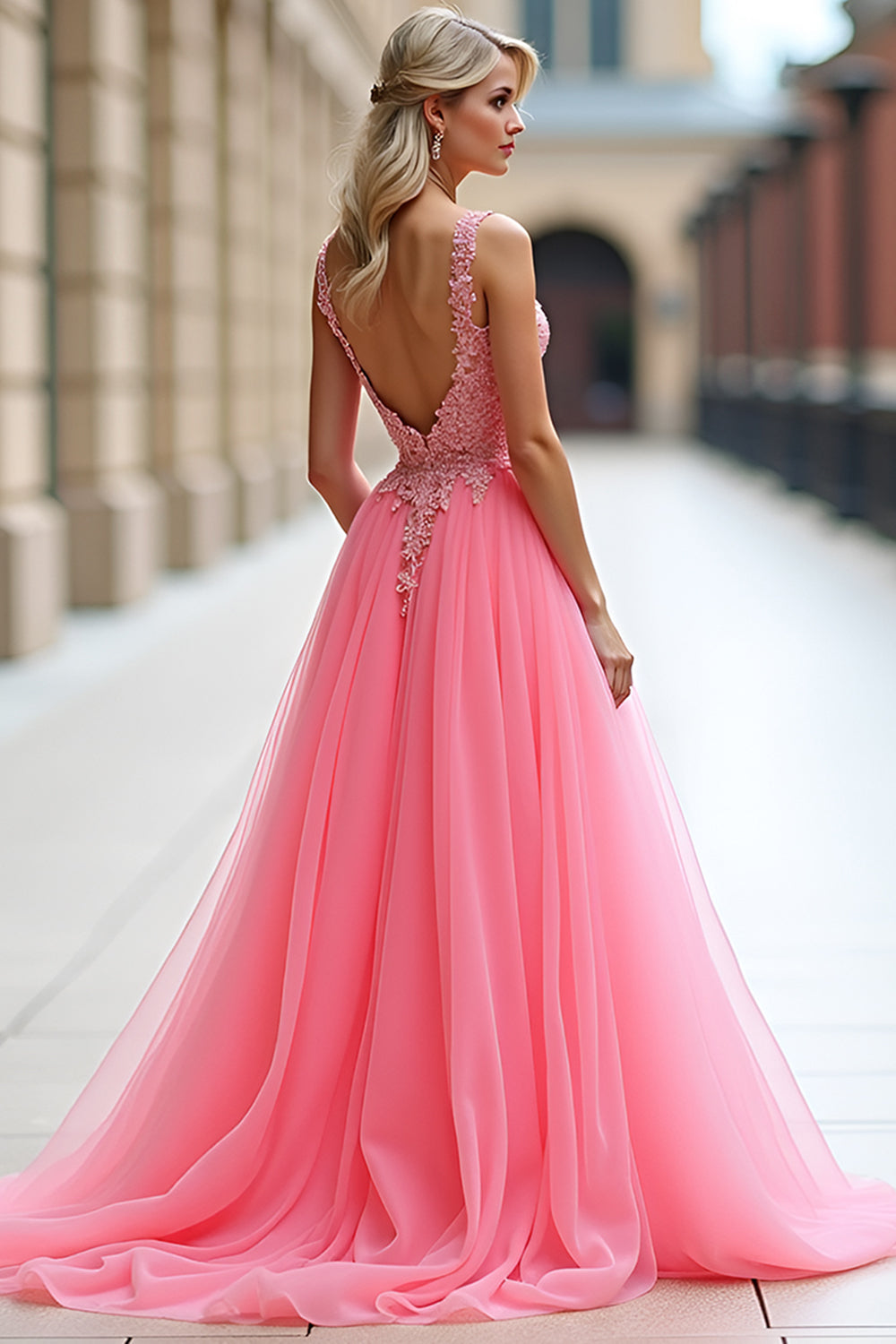 Pink Deep V Neck Tulle Prom Dress with Appliques - Fashionpara