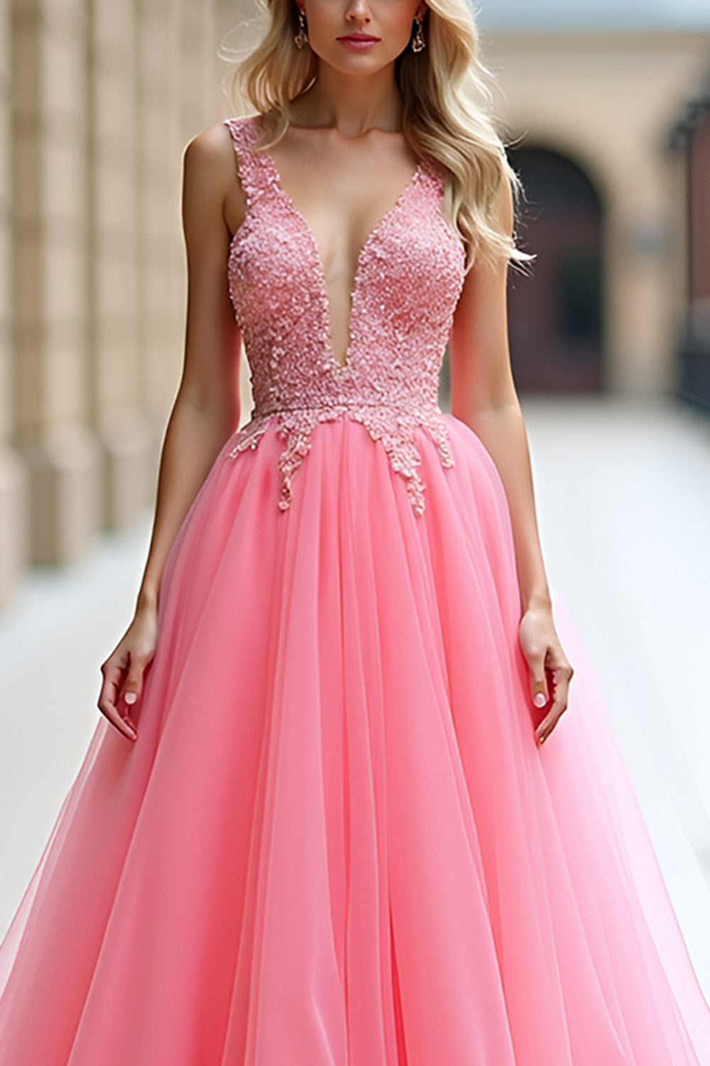 Pink Deep V Neck Tulle Prom Dress with Appliques - Fashionpara