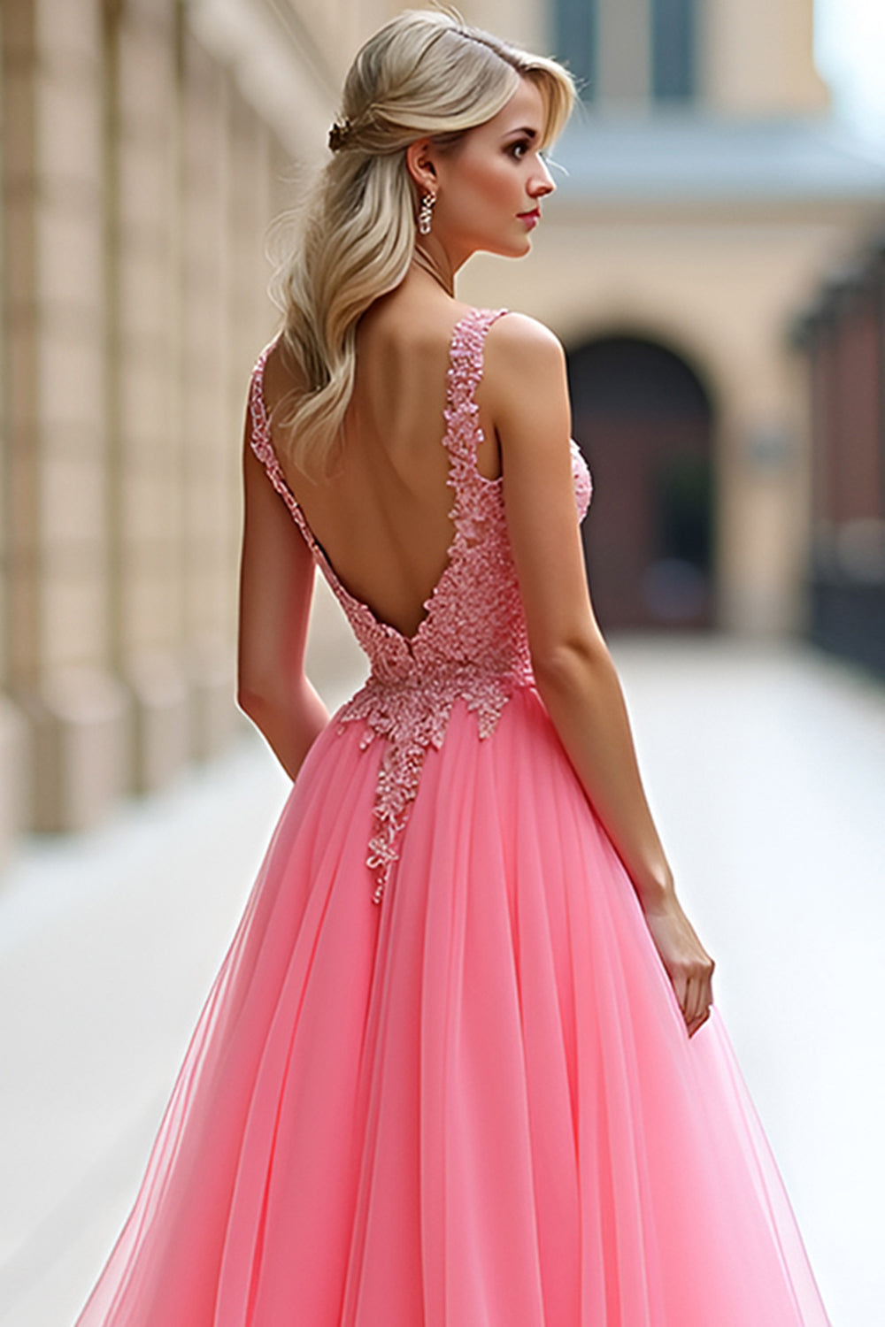 Pink Deep V Neck Tulle Prom Dress with Appliques - Fashionpara