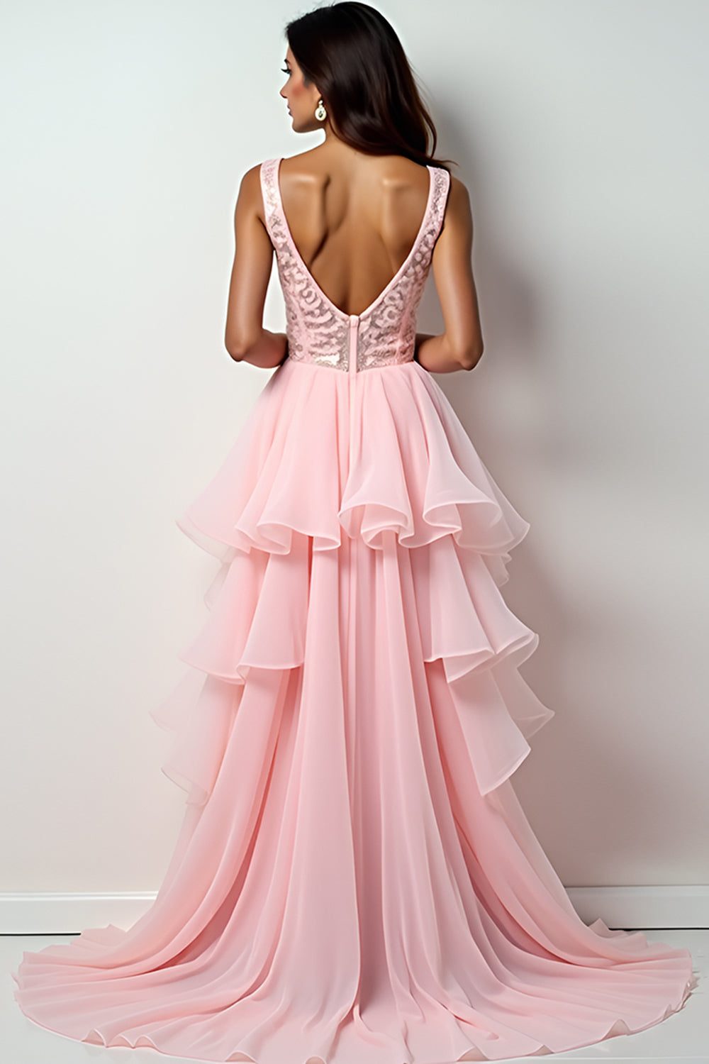 Blush Pink A-Line Deep V Neck Ruffles Hi-Low Prom Dress - Fashionpara