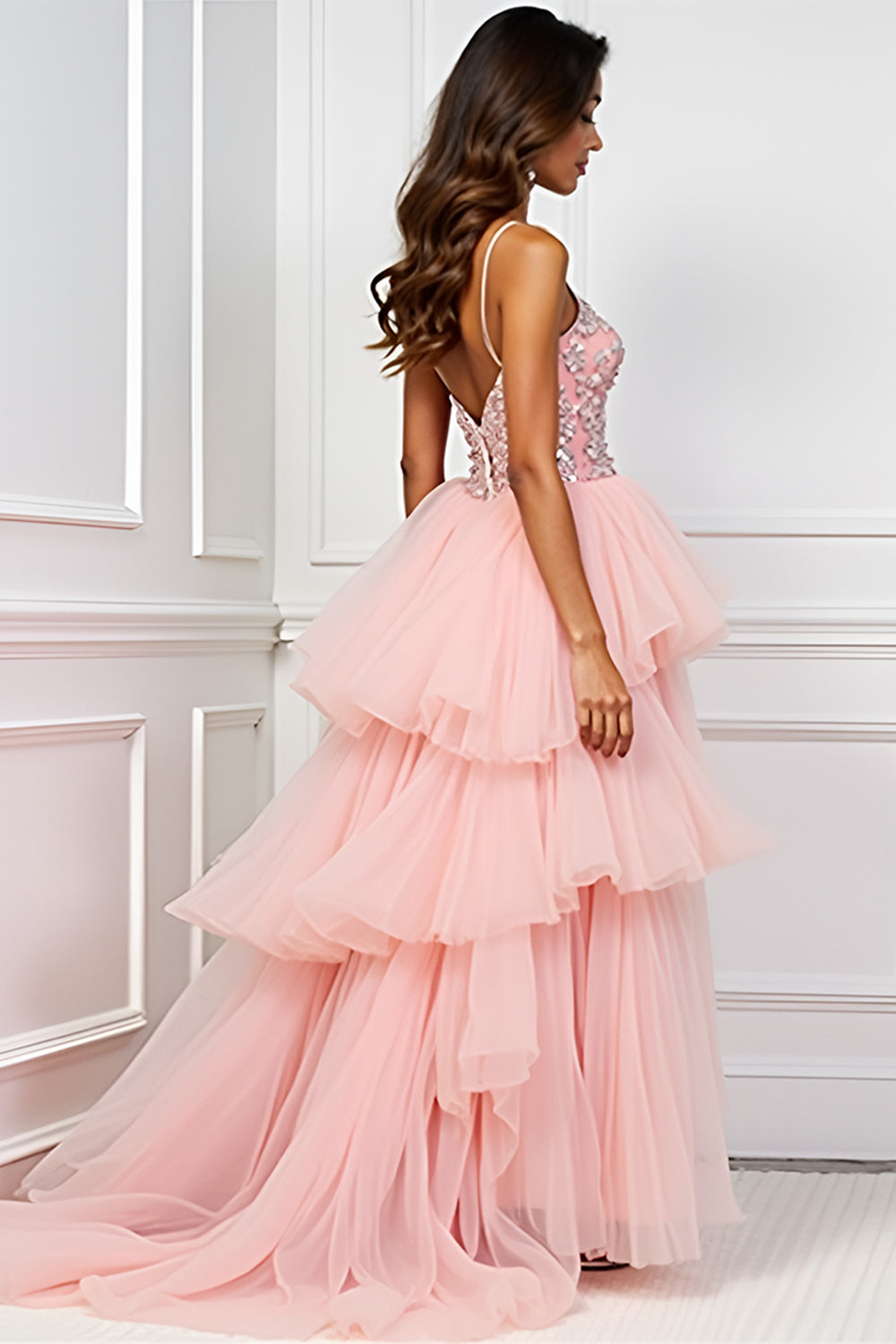 Blush Pink A-Line Spaghetti Straps Ruffled Tulle Long Prom Dress with Appliques - Fashionpara