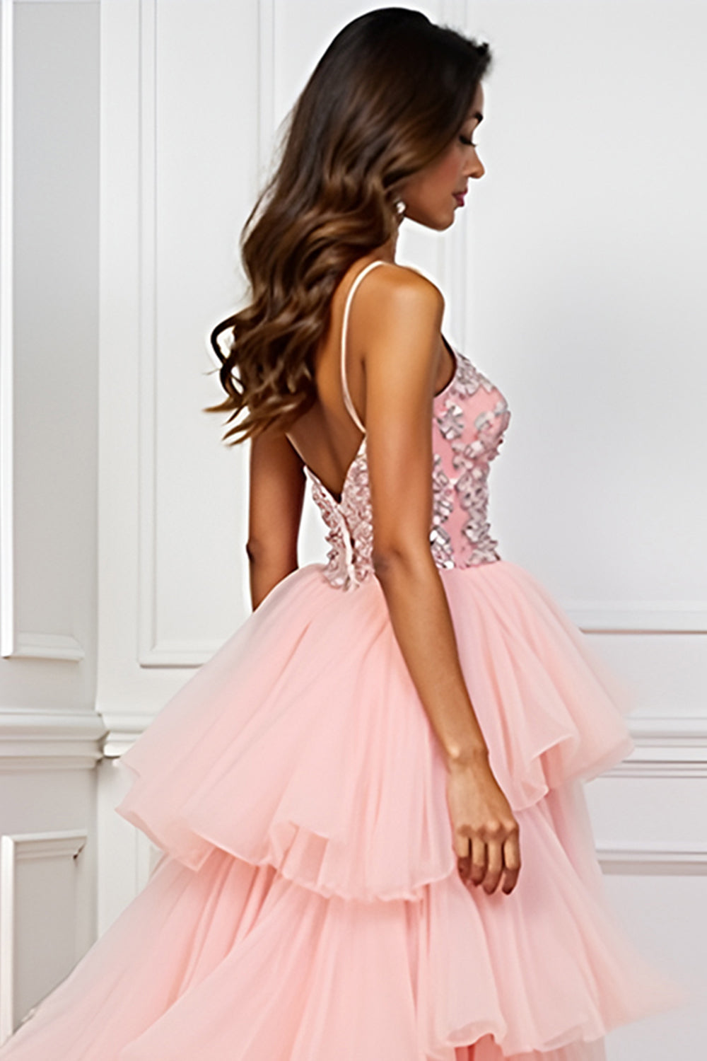 Blush Pink A-Line Spaghetti Straps Ruffled Tulle Long Prom Dress with Appliques - Fashionpara