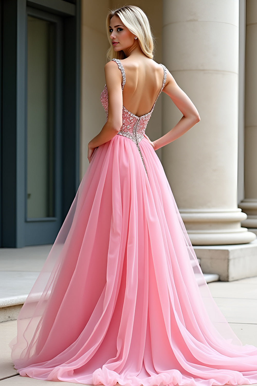 Pink A-Line Spaghetti Straps Tulle Long Prom Dress with Beading - Fashionpara