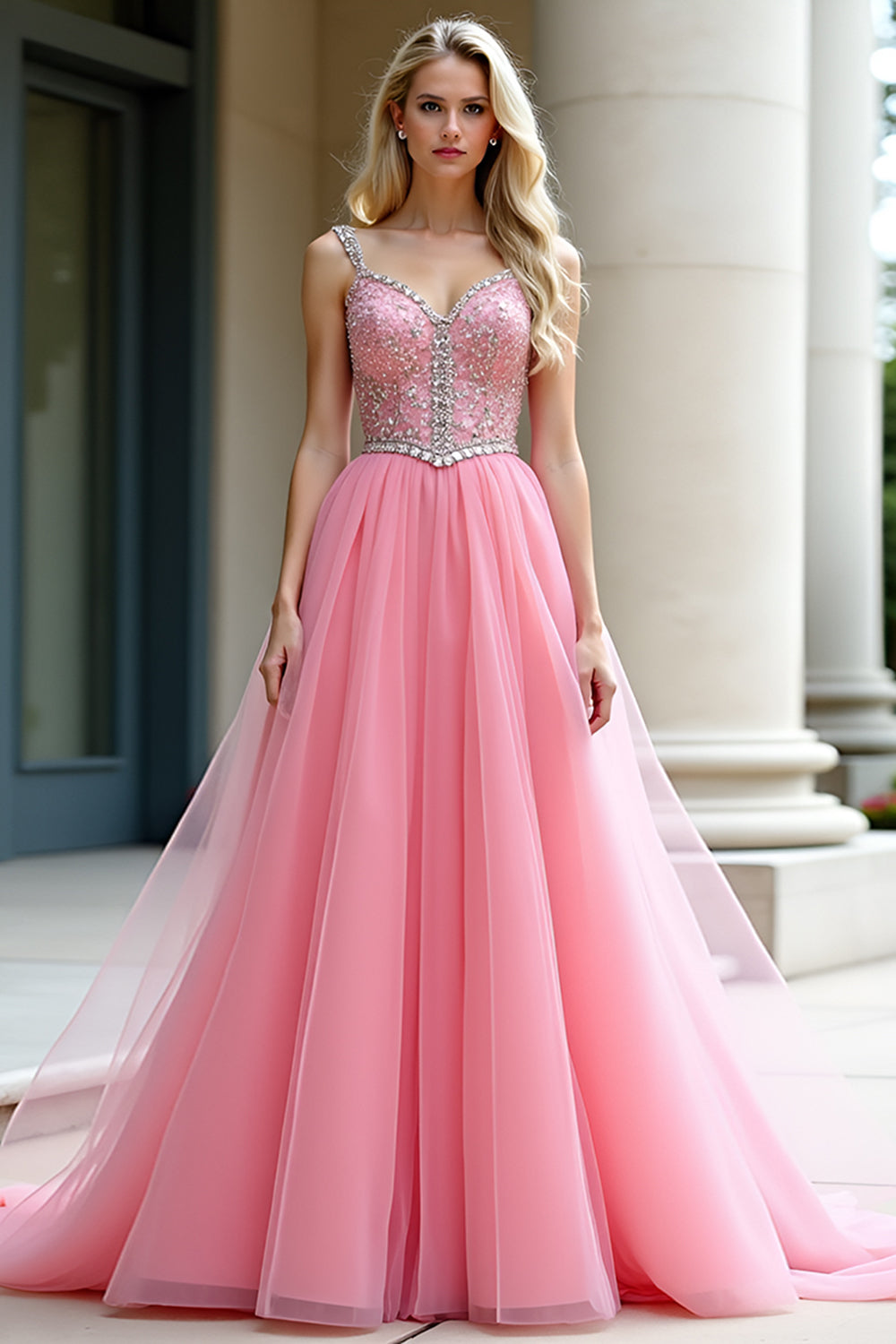 Pink A-Line Spaghetti Straps Tulle Long Prom Dress with Beading - Fashionpara