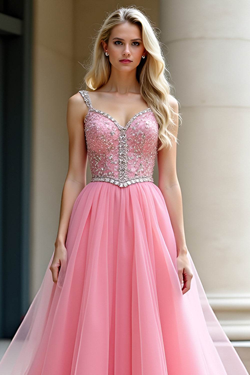 Pink A-Line Spaghetti Straps Tulle Long Prom Dress with Beading - Fashionpara
