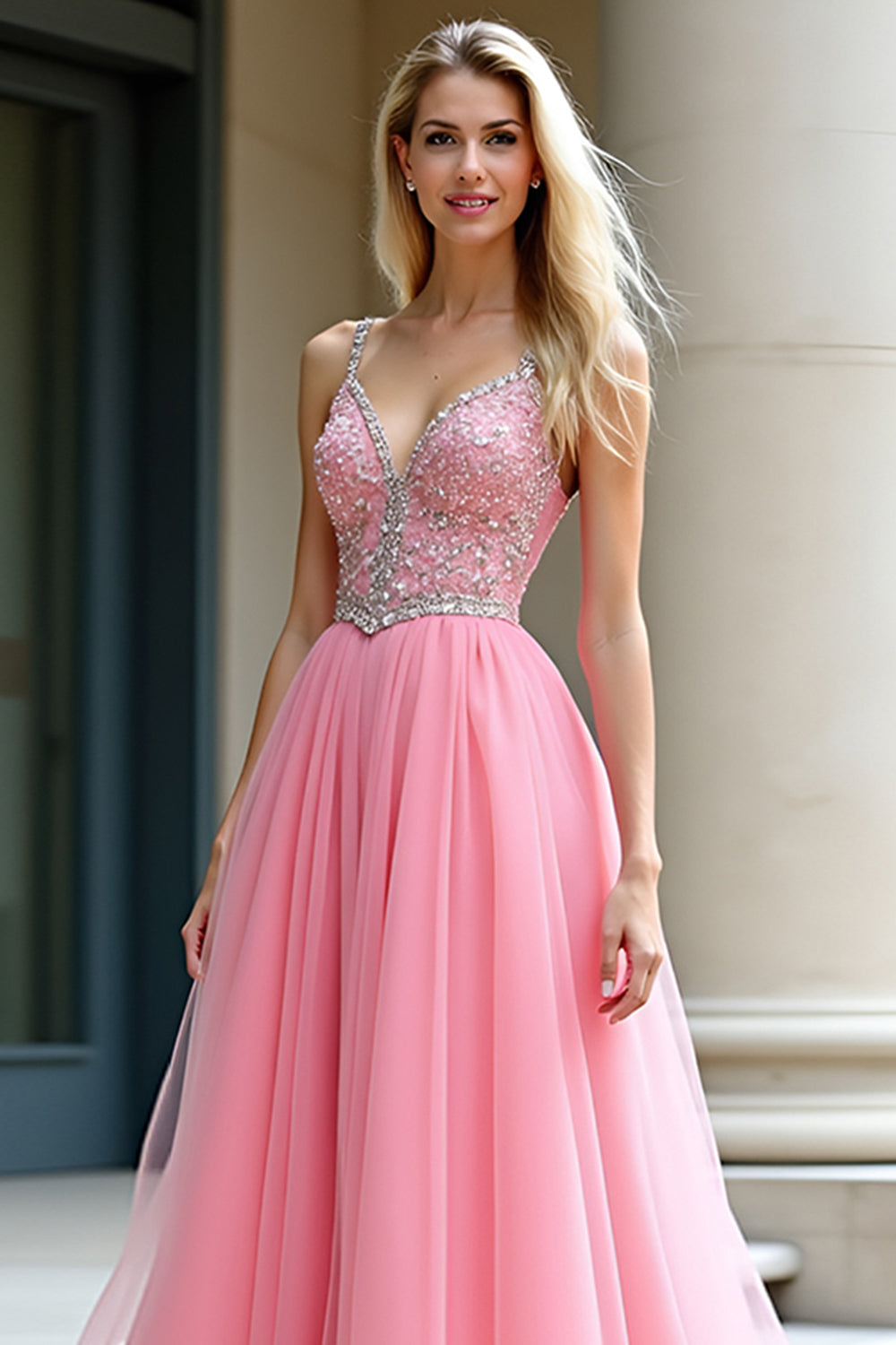 Pink A-Line Spaghetti Straps Tulle Long Prom Dress with Beading - Fashionpara
