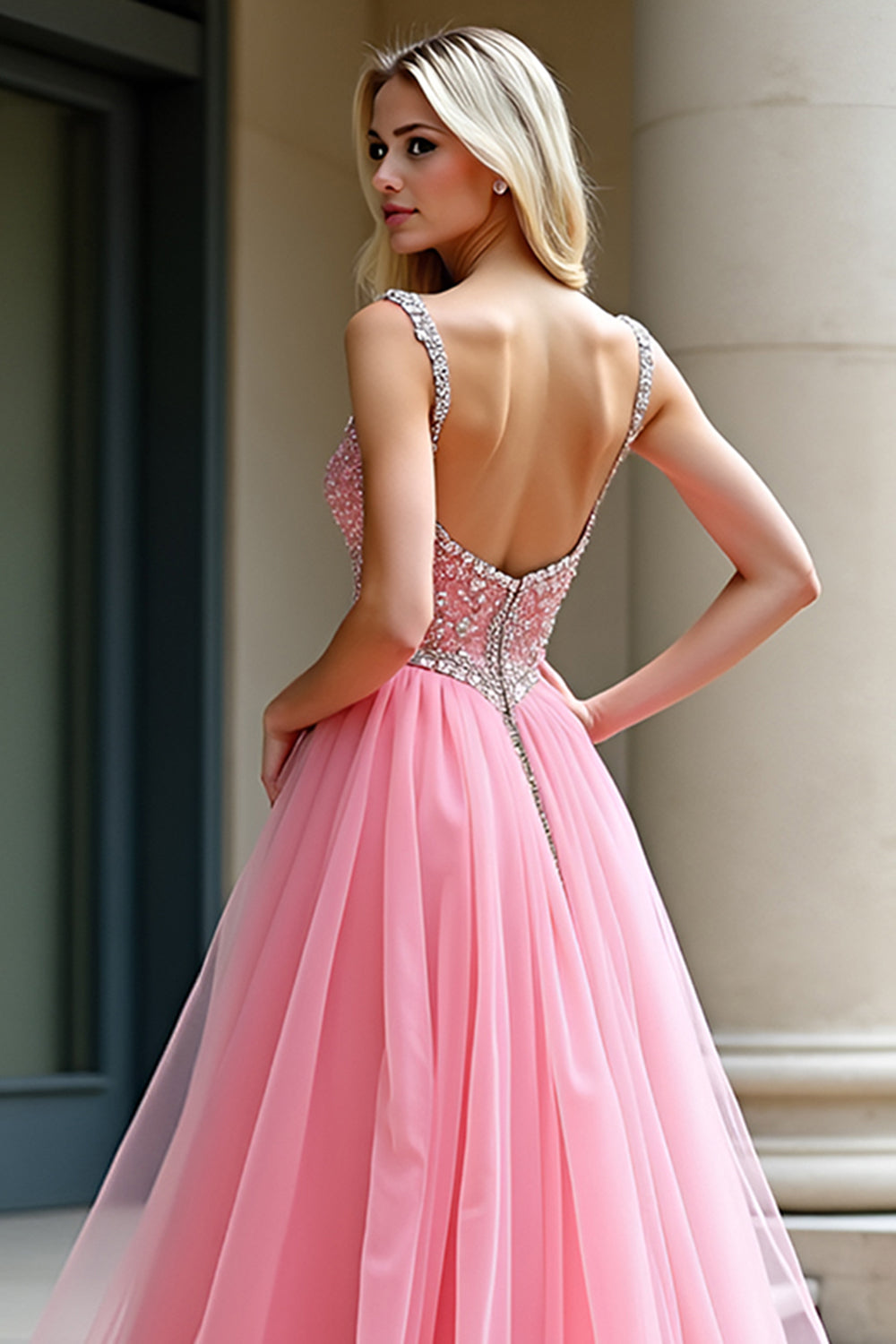 Pink A-Line Spaghetti Straps Tulle Long Prom Dress with Beading - Fashionpara