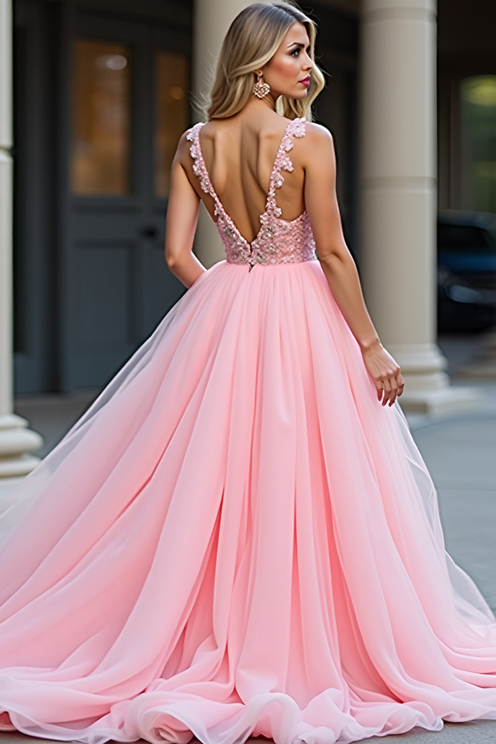 Glitter Blush Pink A-Line Deep V Tulle Appliques Long Prom Dress with Slit - Fashionpara