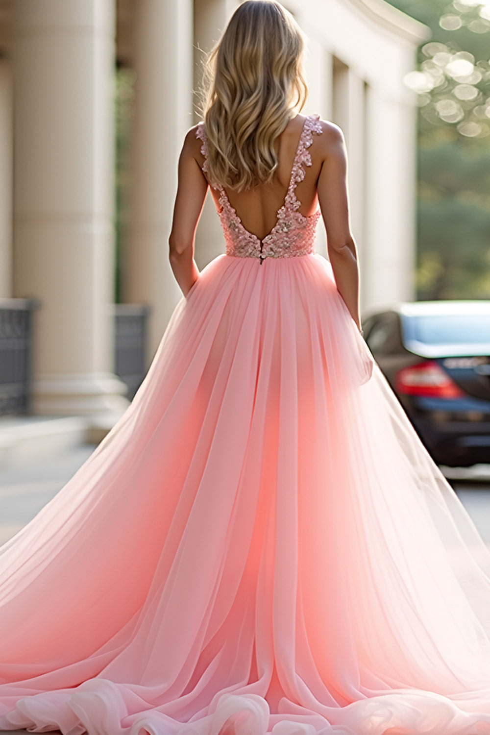 Glitter Blush Pink A-Line Deep V Tulle Appliques Long Prom Dress with Slit - Fashionpara