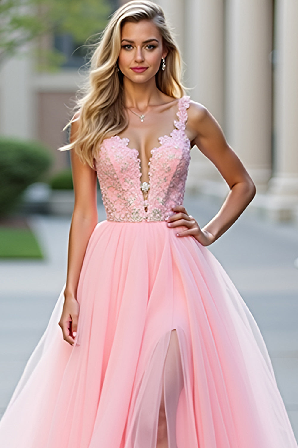 Glitter Blush Pink A-Line Deep V Tulle Appliques Long Prom Dress with Slit - Fashionpara