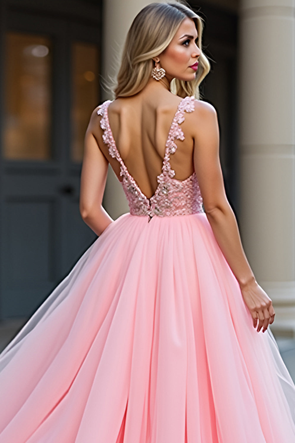 Glitter Blush Pink A-Line Deep V Tulle Appliques Long Prom Dress with Slit - Fashionpara