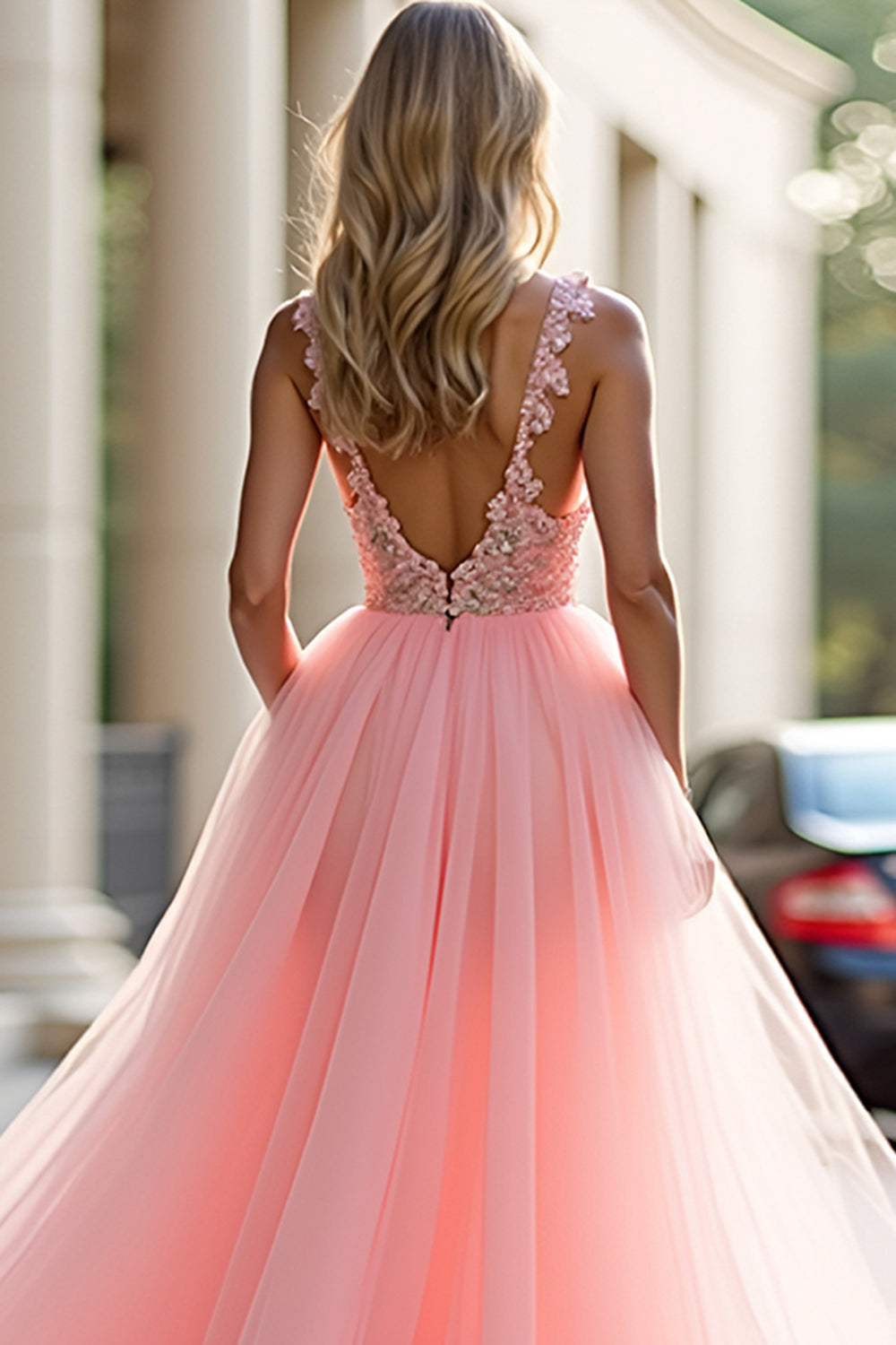 Glitter Blush Pink A-Line Deep V Tulle Appliques Long Prom Dress with Slit - Fashionpara