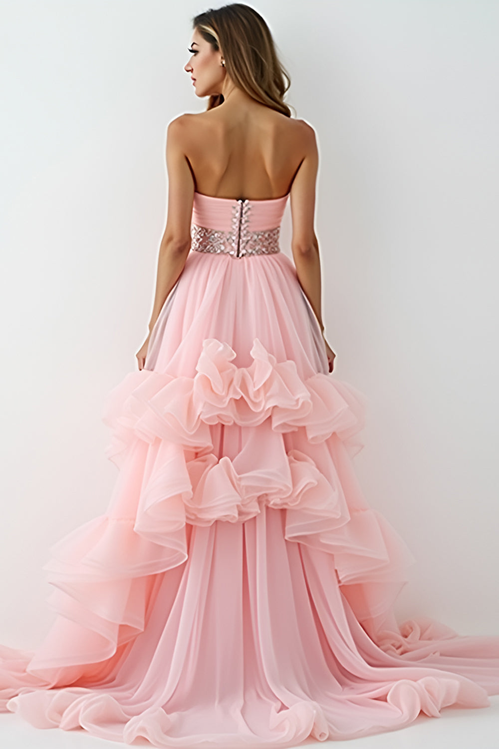 Glitter Blush Pink A-Line Strapless Ruffles High-Low Ruched Prom Dress with Beading - Fashionpara