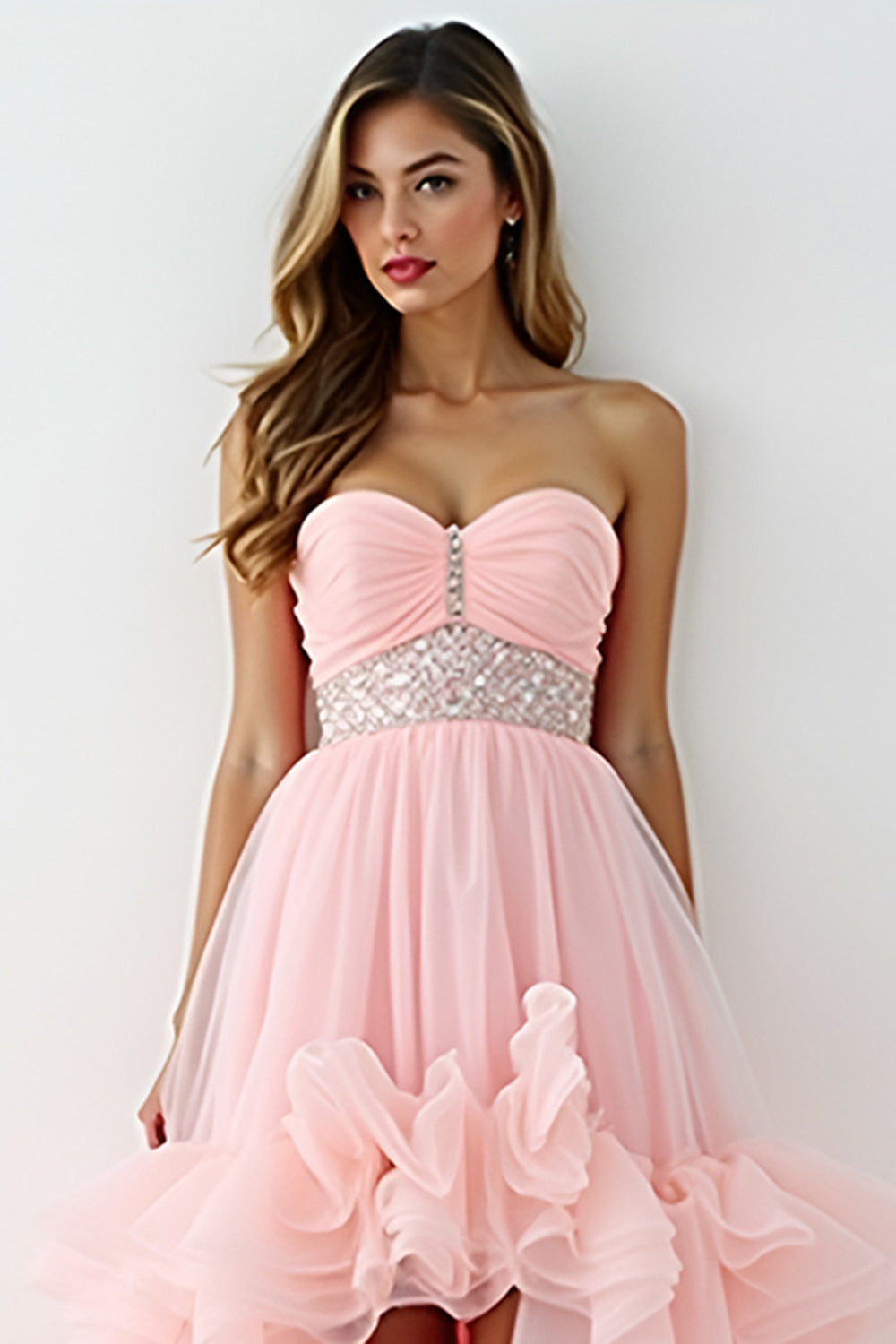 Glitter Blush Pink A-Line Strapless Ruffles High-Low Ruched Prom Dress with Beading - Fashionpara