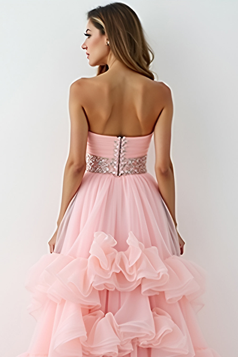 Glitter Blush Pink A-Line Strapless Ruffles High-Low Ruched Prom Dress with Beading - Fashionpara