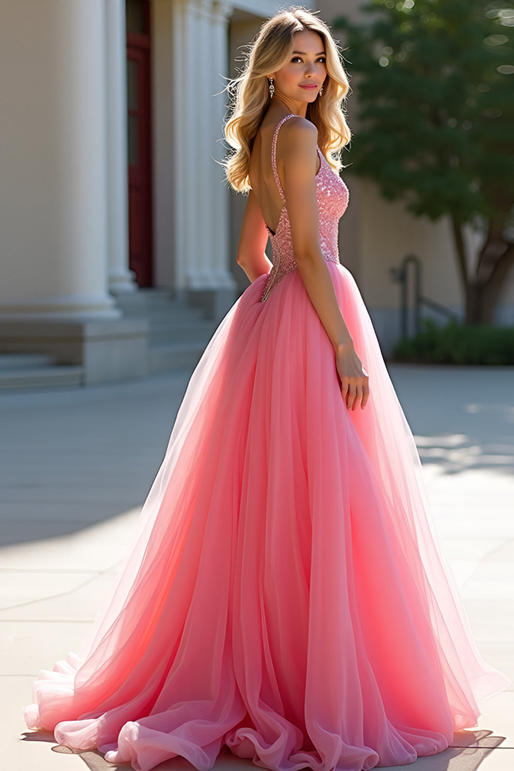 Blush Pink A-Line Sequin Tulle Prom Dress - Fashionpara