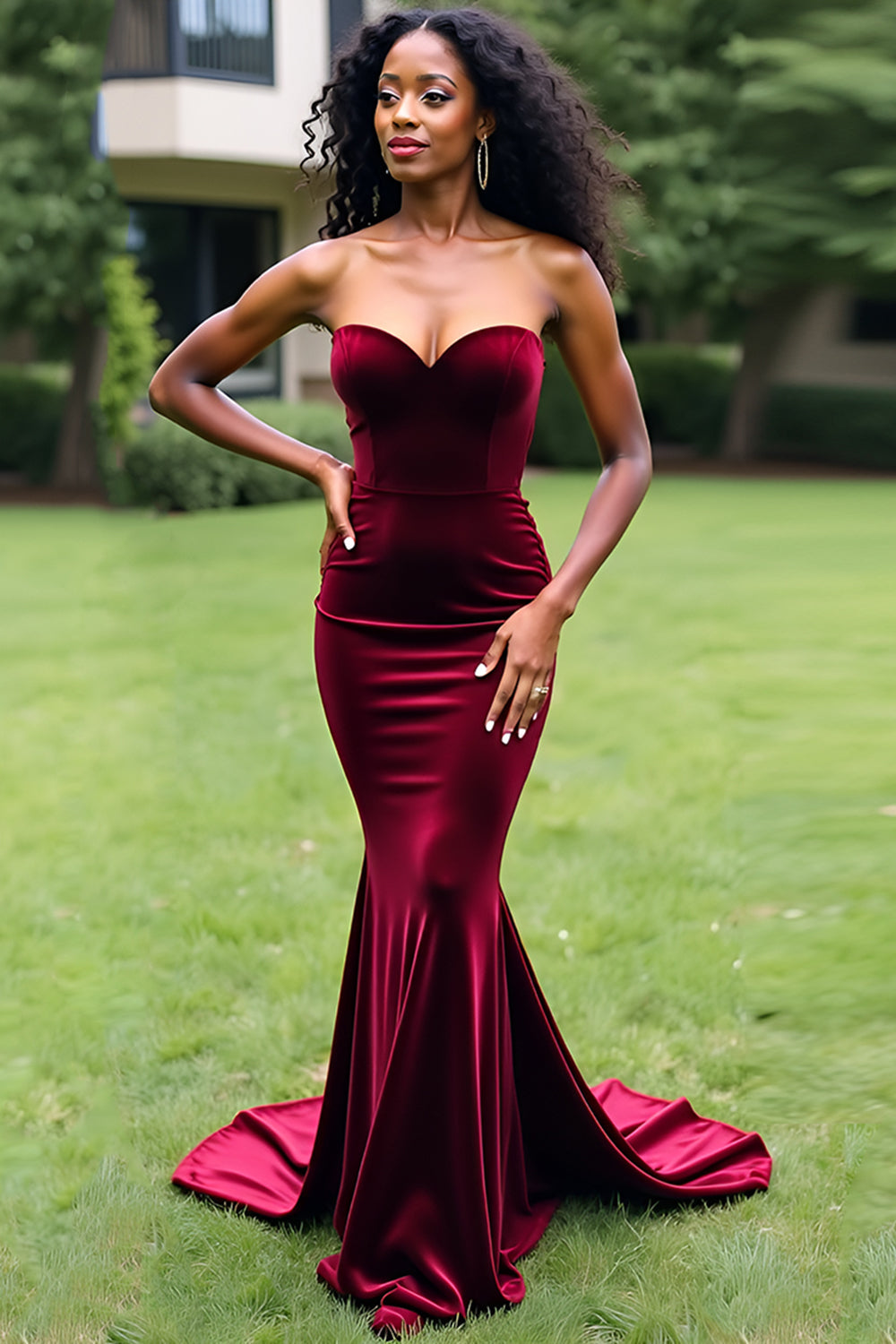 Simple Burgundy Mermaid Strapless Long Prom Dress - Fashionpara