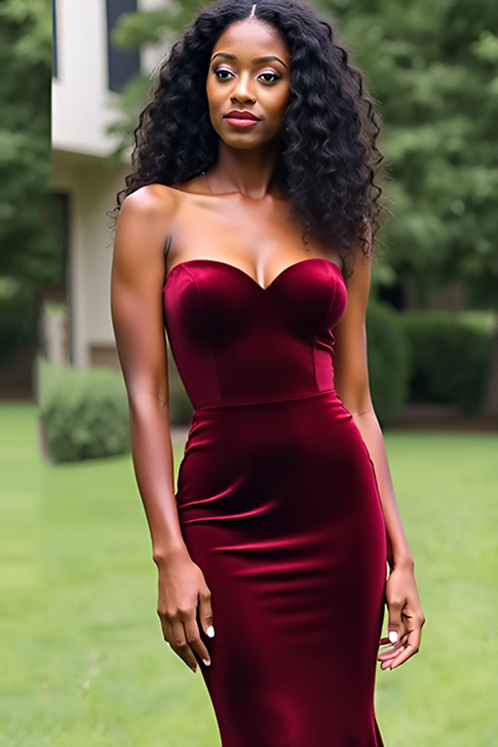Simple Burgundy Mermaid Strapless Long Prom Dress - Fashionpara