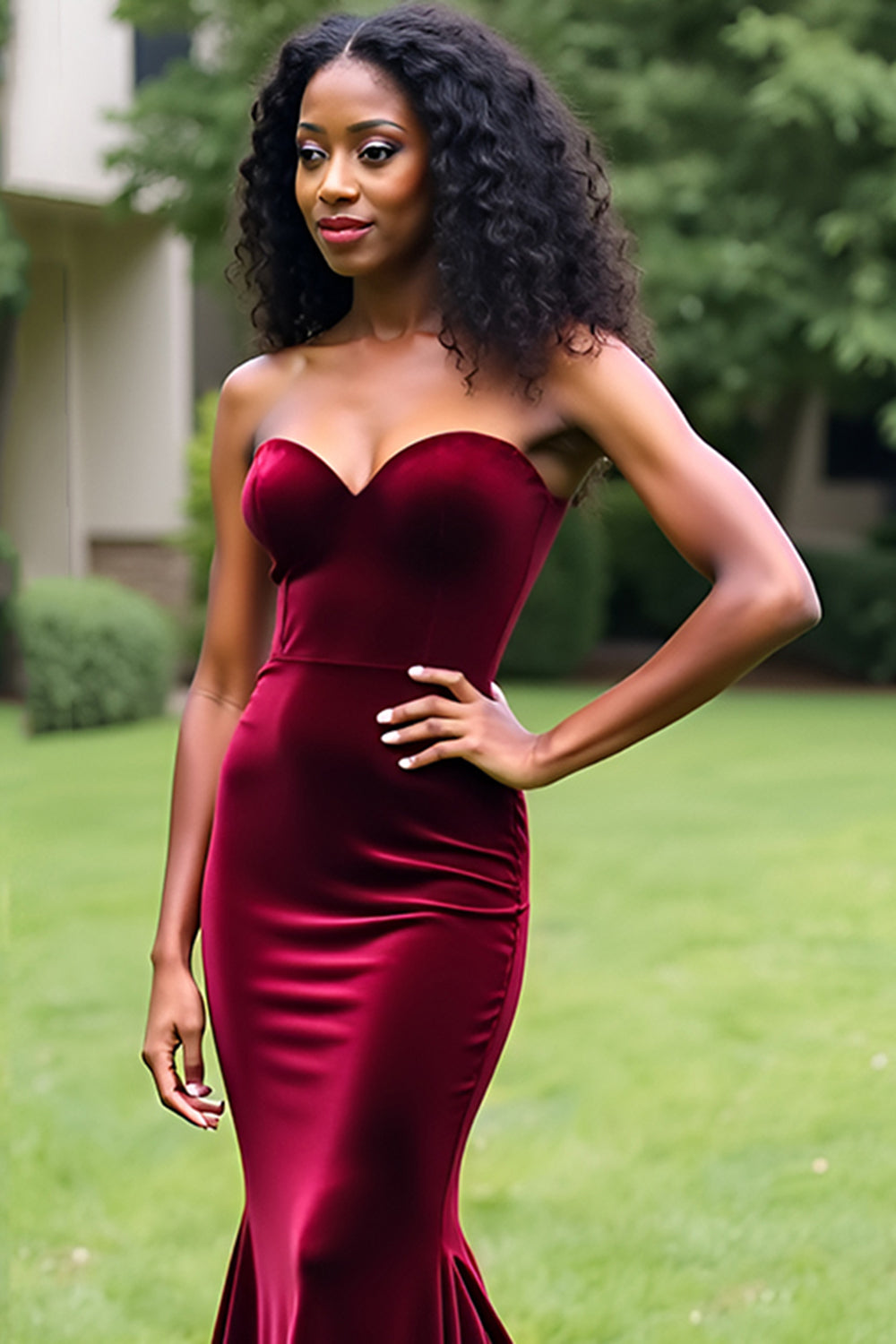 Simple Burgundy Mermaid Strapless Long Prom Dress - Fashionpara