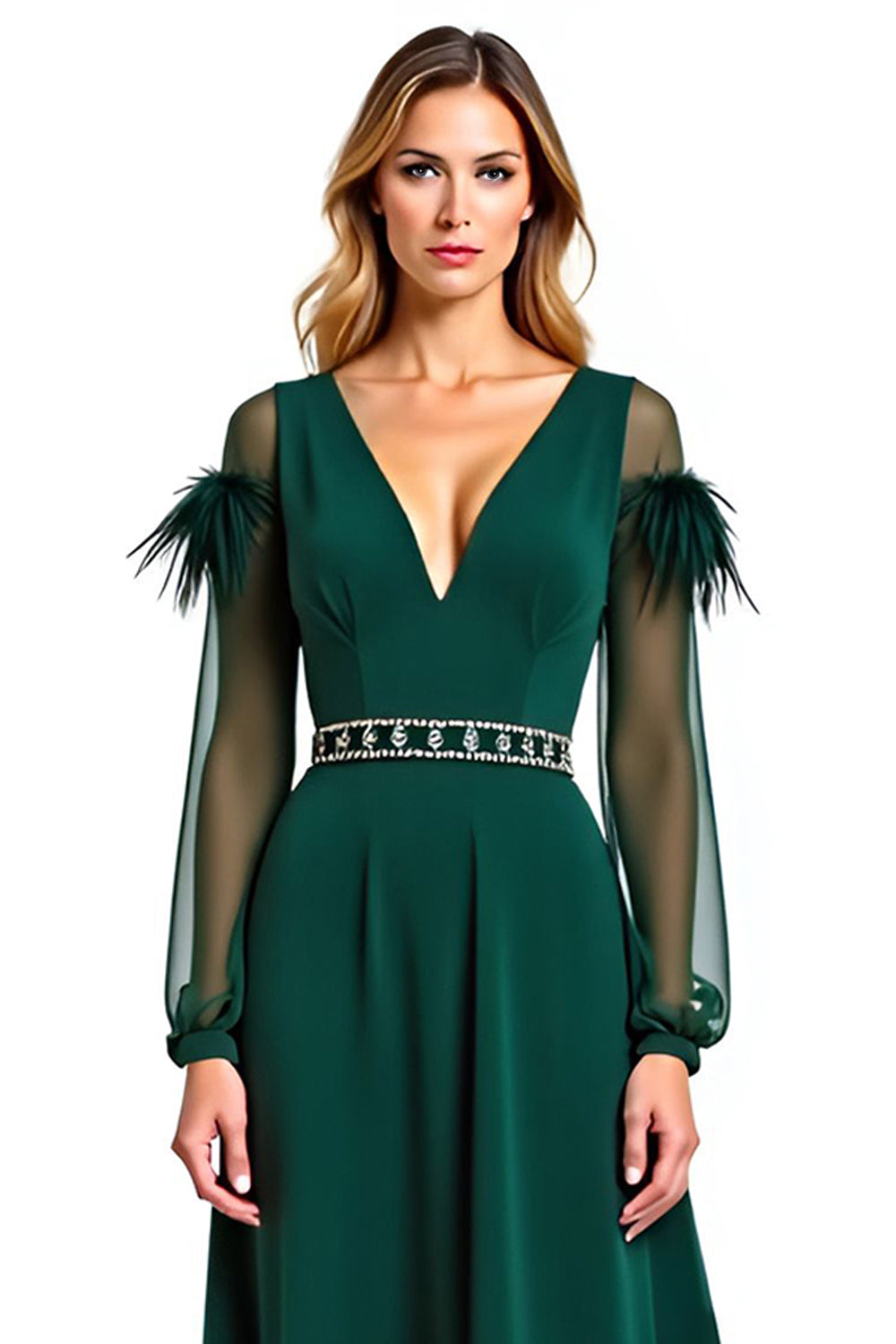 A Line Pine V-Neck Long Mother of the Bride Dress with Feather
