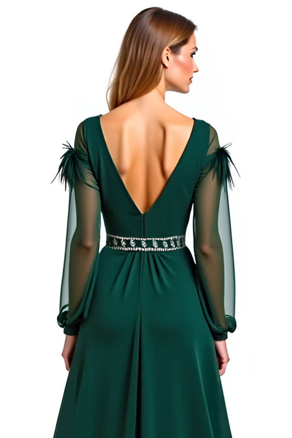 A Line Pine V-Neck Long Mother of the Bride Dress with Feather