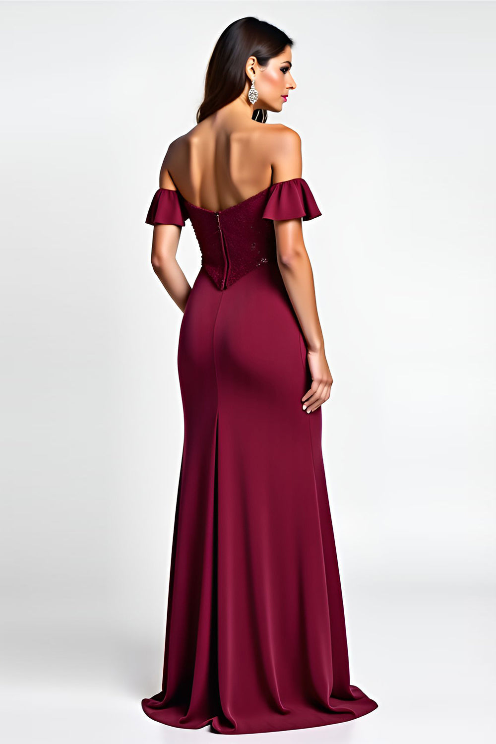 Burgundy Glitter Mermaid Off the Shoulder Long Prom Dress with Sequins - Fashionpara