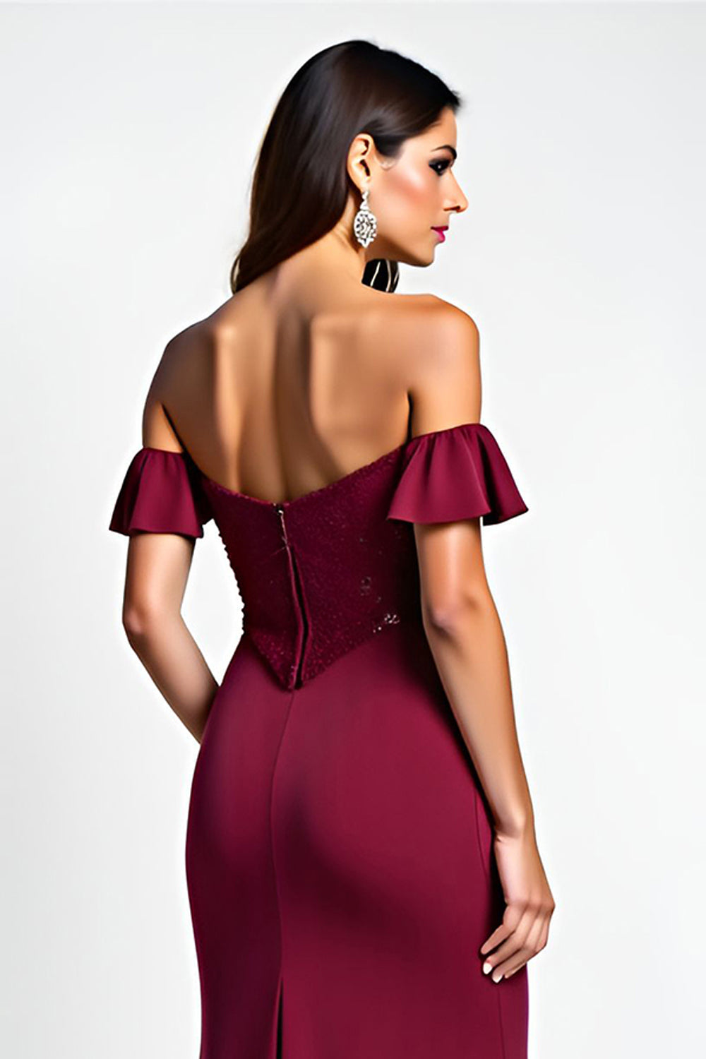 Burgundy Glitter Mermaid Off the Shoulder Long Prom Dress with Sequins - Fashionpara