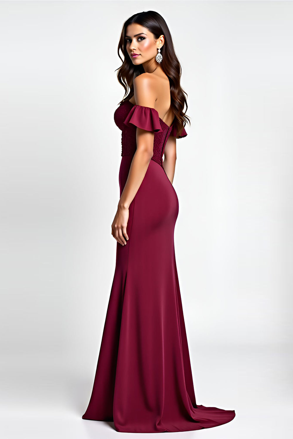 Burgundy Glitter Mermaid Off the Shoulder Long Prom Dress with Sequins - Fashionpara