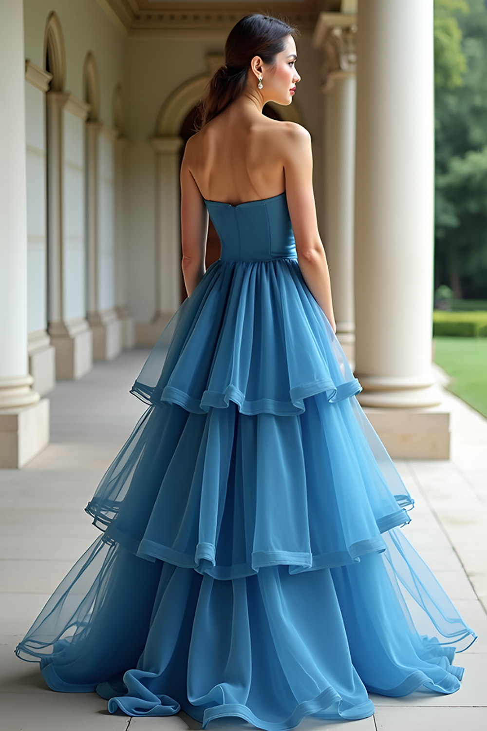 A Line Sweetheart Blue Long Prom Dress with Ruffles