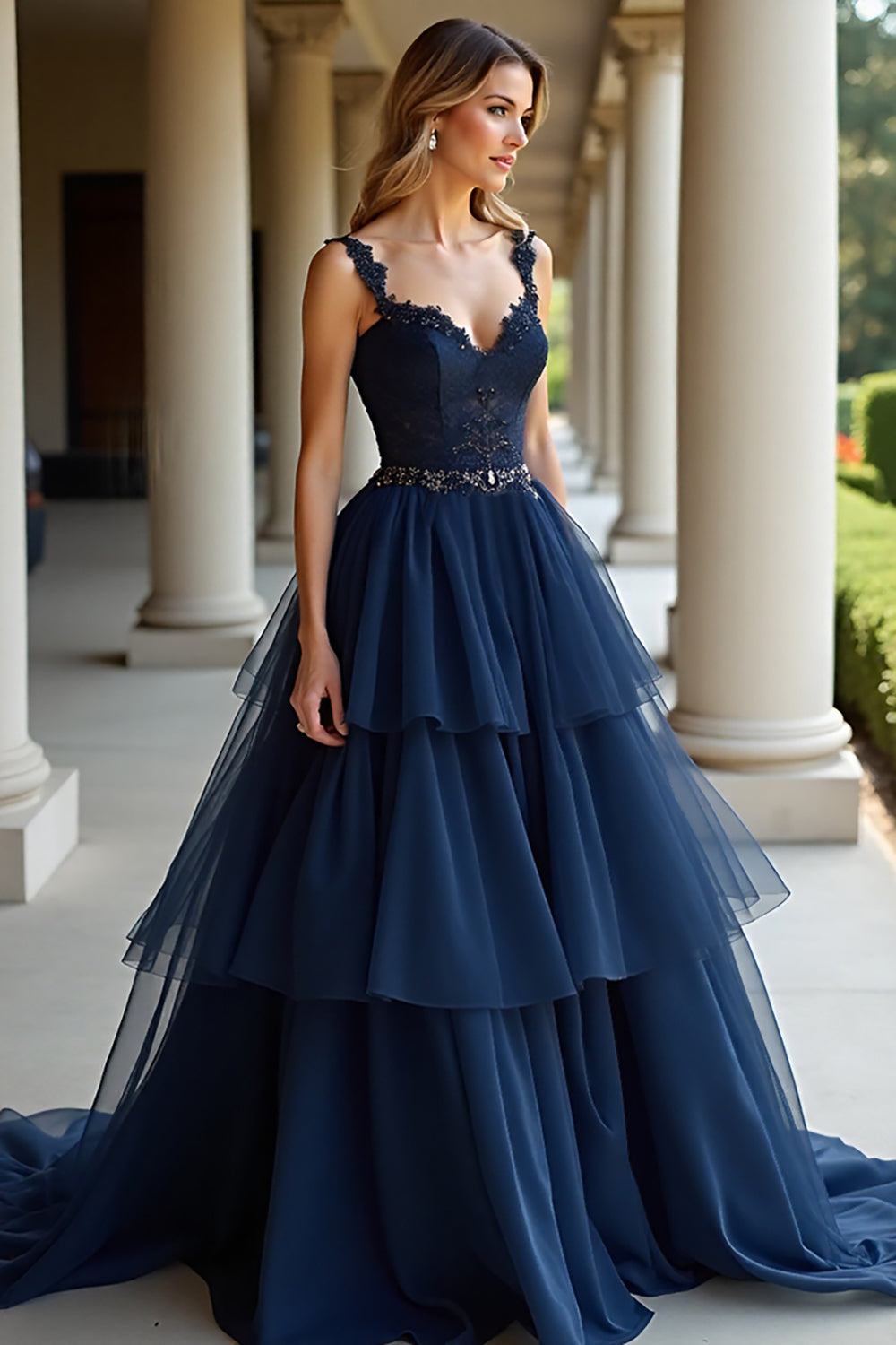 Navy Long A Line Appliqued Prom Dress with Ruffles