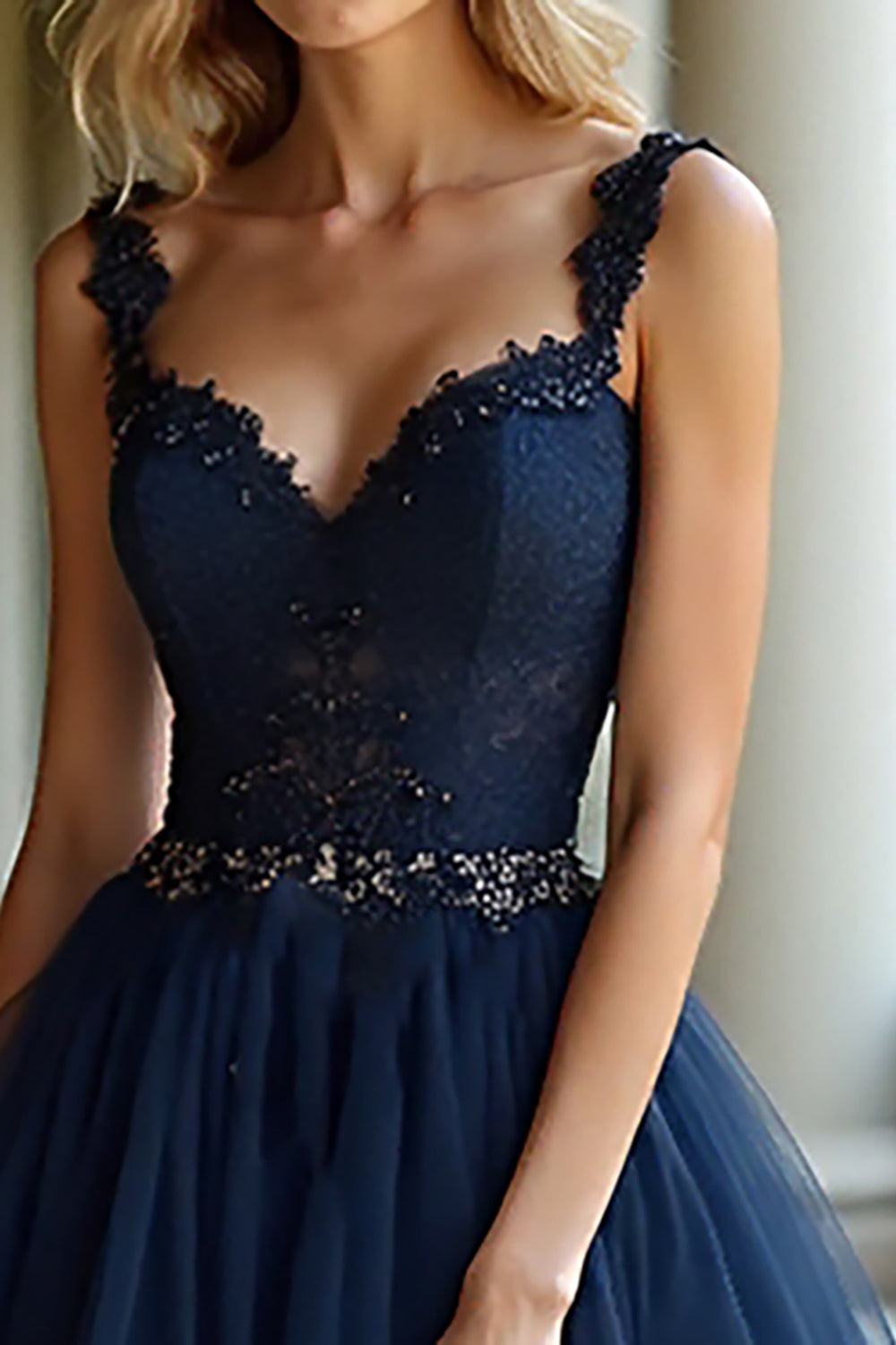 Navy Long A Line Appliqued Prom Dress with Ruffles
