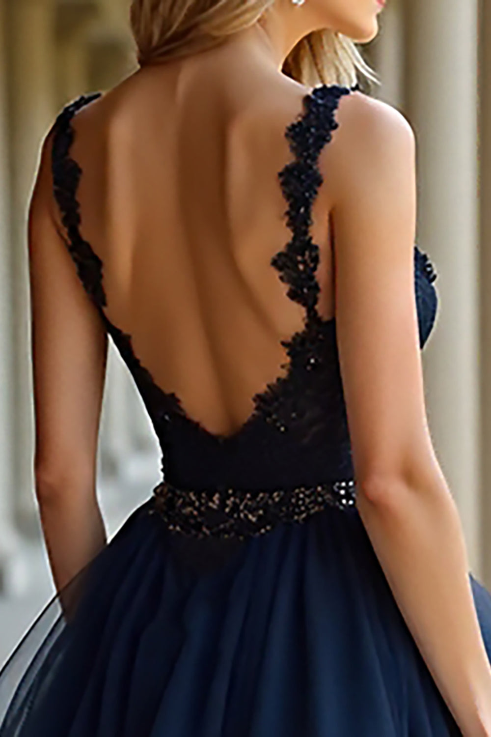 Navy Long A Line Appliqued Prom Dress with Ruffles