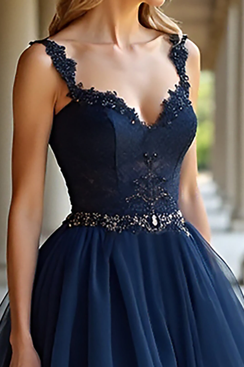 Navy Long A Line Appliqued Prom Dress with Ruffles