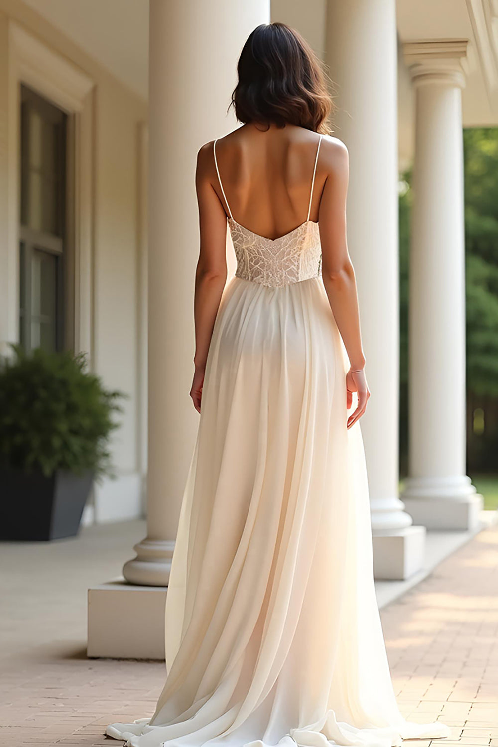 Champagne Chiffon Spaghetti Straps Long A Line Prom Dress with Slit