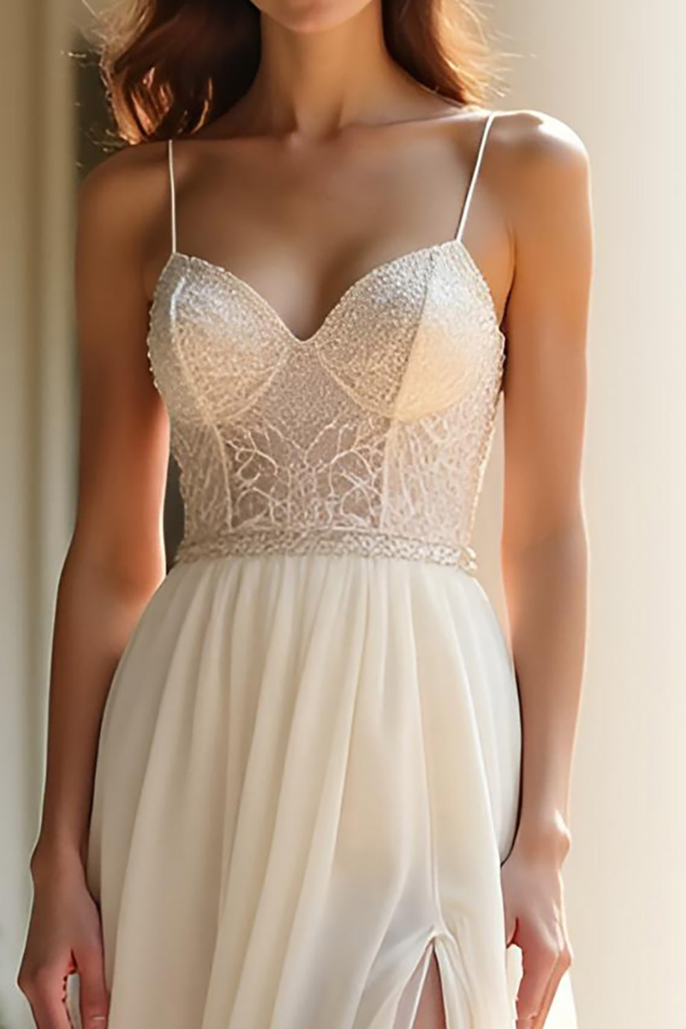 Champagne Chiffon Spaghetti Straps Long A Line Prom Dress with Slit