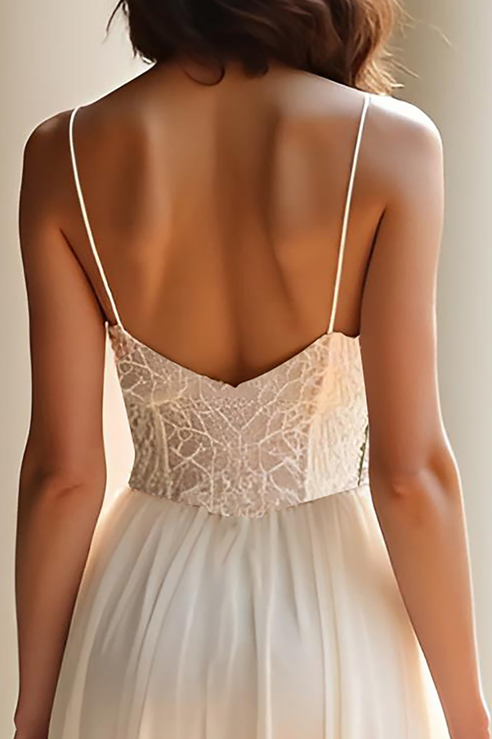 Champagne Chiffon Spaghetti Straps Long A Line Prom Dress with Slit