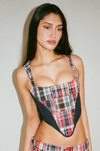 Plaid Patchwork Boned Cami Corset - Fashionpara