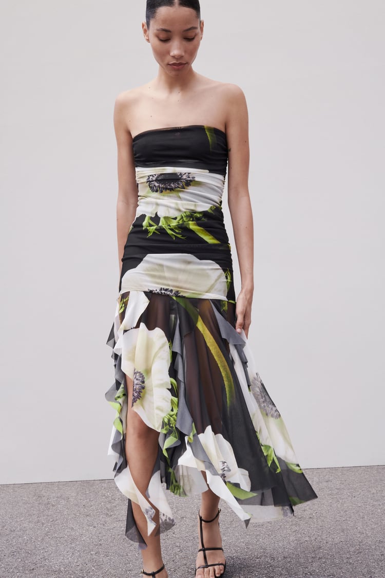 Floral Print Mesh Strapless High Low Midi Dress - View 3