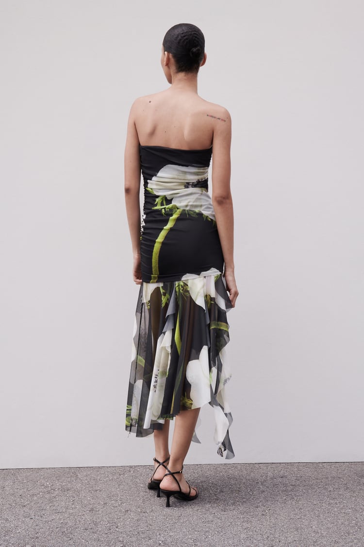 Floral Print Mesh Strapless High Low Midi Dress - View 5
